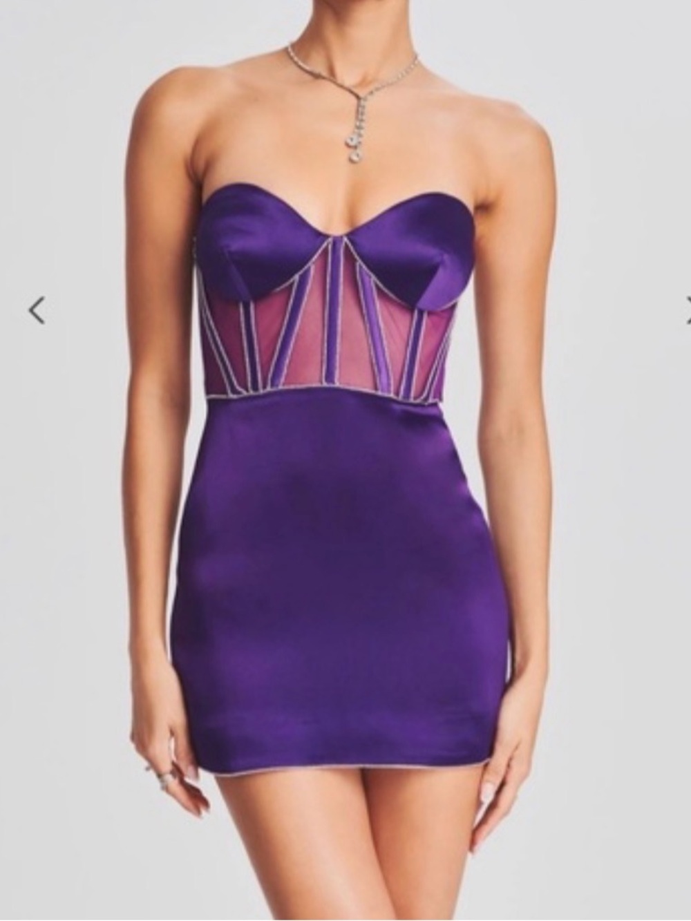 Retrofete Strapless Purple Satin Mini Dress with Sheer Paneled Corset